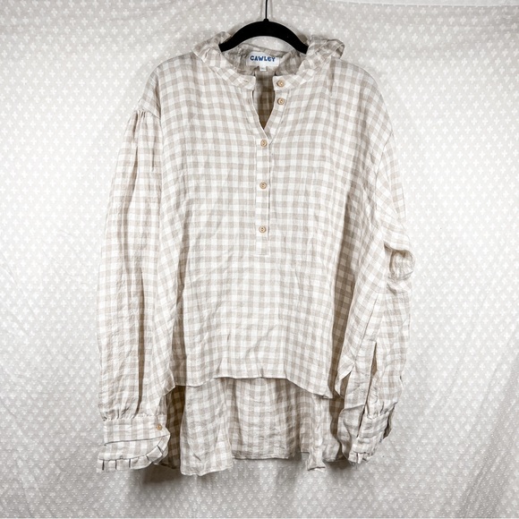 Cawley Tan White Gingham Long Sleeve Linen‎ Oversized Top